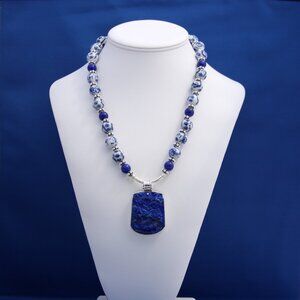 Handpainted Ceramic Bead Necklace with Handcarved Lapis Lazuli Dragon Pendant